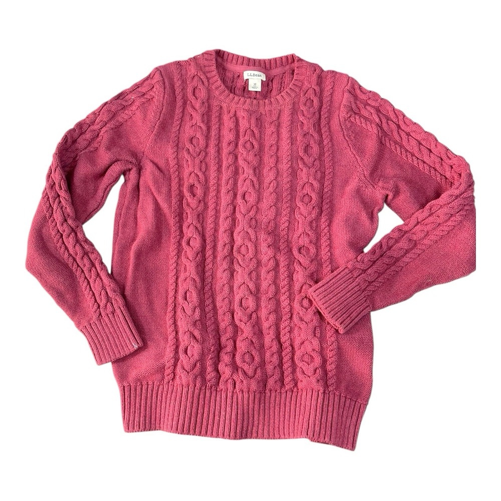 L.L. Bean‎ Medium Pink Sweater Cable Knit Crew Neck Cotton Blend Pullover